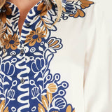 Printed Border-Print Long Sleeve Button-Down Blouse: Mustard-Navy / XS