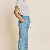 Plus Washed Denim Tiered Wide Leg Pants: Washed Chambray