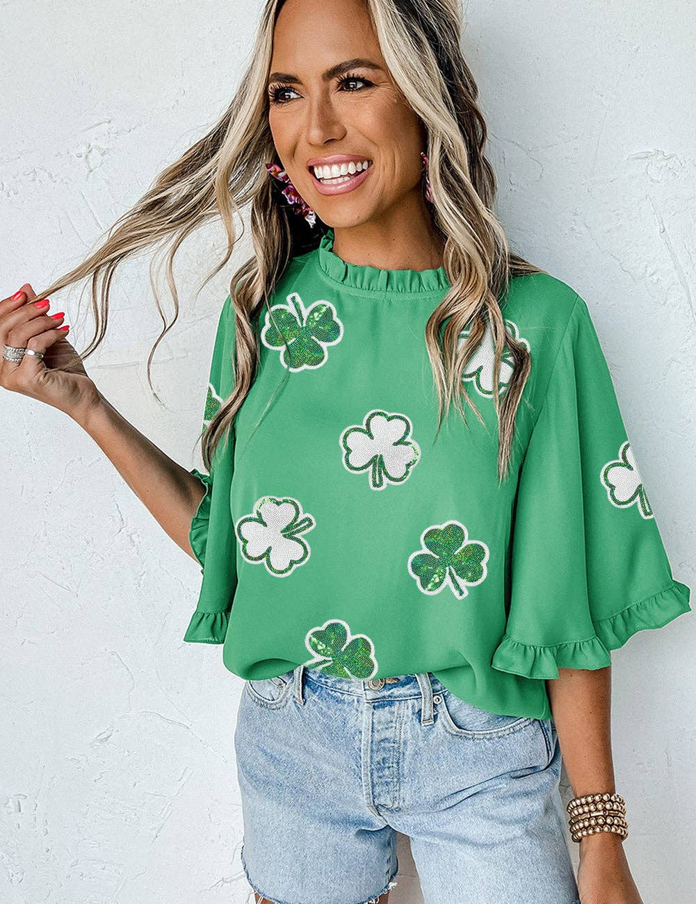 Green Sequin Clover Graphic Ruffled Trim Bell Sleeve St Patrick Blouse: Green / 100%Polyester / S
