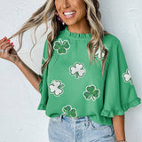 Green Sequin Clover Graphic Ruffled Trim Bell Sleeve St Patrick Blouse: Green / 100%Polyester / M