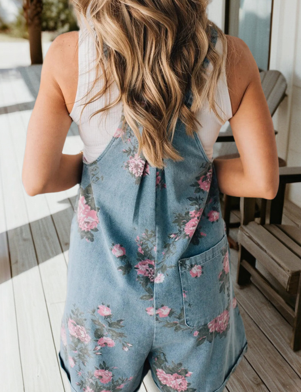 Floral Print Denim Shortalls