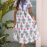 White Floral Puff Short Sleeve V Neck High Waist Maxi Dress: Blue S