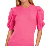 ,,..SI-25003 Viscose Puff Short Sleeve Sweater: H BEIGE-170996 / S