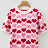 Pink Heart Print Short Sleeve Knit Sweater Valentine Top: Sachet Pink / 52%Viscose+26%Polyester+22%Polyamide / S