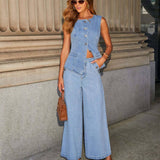 SOLID COLOR LOOSE DENIM WIDE LEG PANTS VEST SUIT: BLACK / (M) 1