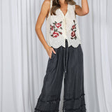 Flared Ruffle Hem Washed Chambray Crop Denim Pants VP83039: Washed Denim / L