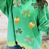 Bright Green Twisted Rib St Patricks Day Sequin Patch Graphic Long Sleeve Top: Bright Green / 75%Polyester+20%Viscose+5%Elastane / S