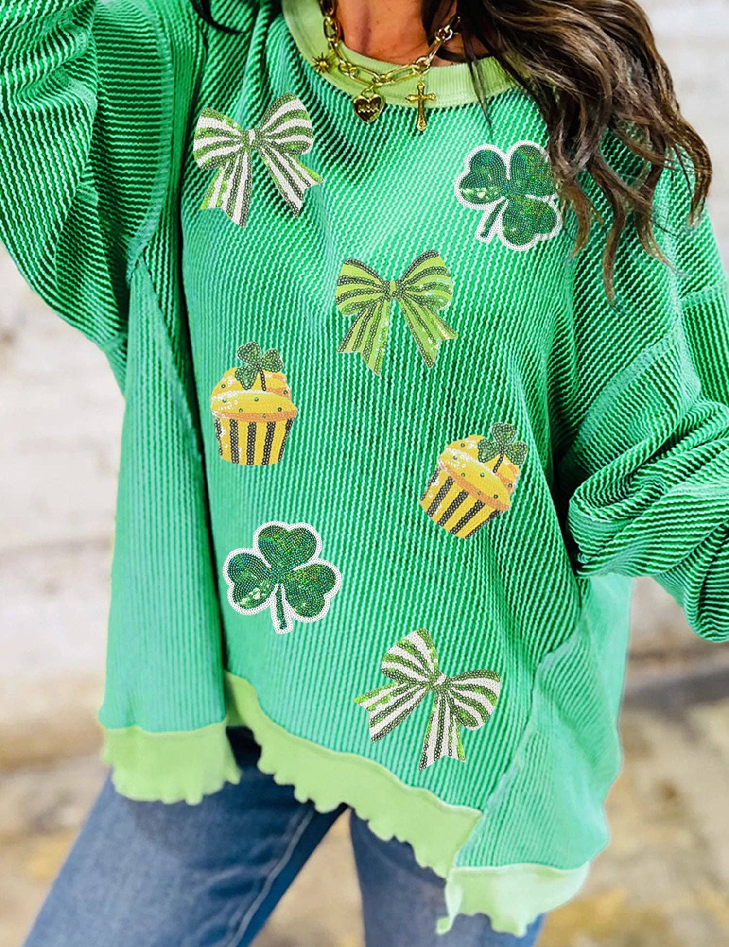 Bright Green Twisted Rib St Patricks Day Sequin Patch Graphic Long Sleeve Top: Bright Green / 75%Polyester+20%Viscose+5%Elastane / S