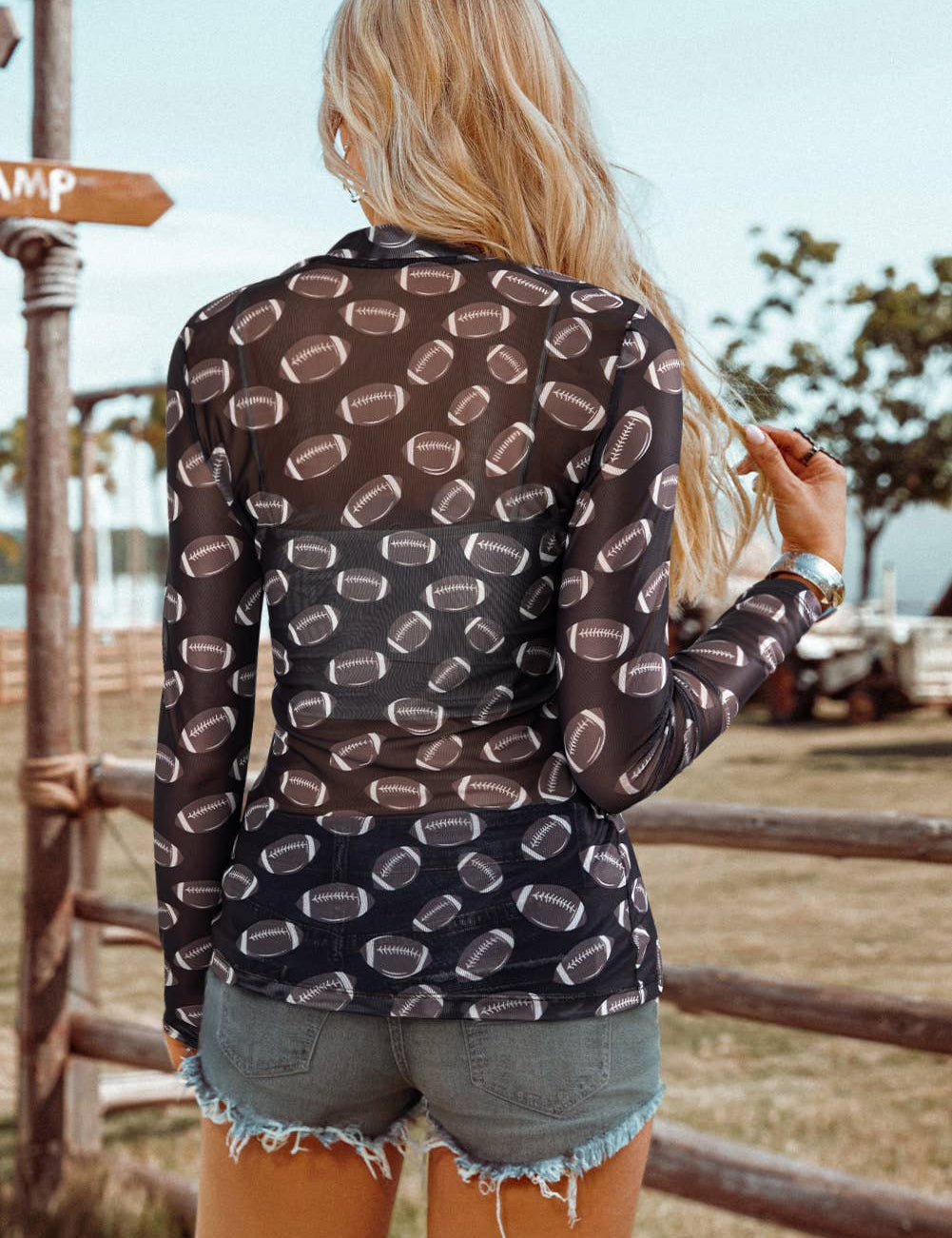 Fashion-W Game Day Rugby Mesh Sheer Long Sleeve Top: As shown / Missy / L