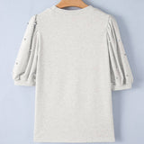 Puff Sleeve Top with Rhinestone and Pearl Embellishments: Light Grey / 75%Polyester+20%Cotton+5%Elastane / S