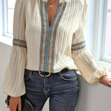 Balloon Sleeve Lace Panel V-Neck Shirt: OffWhite / M