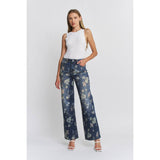 HIGH RISE WIDE LEG EMBELLISHMENT: FLORAL BLUE / 28