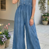 66 Ruffled Short Sleeve Wide Leg Denim Jumpsuit (S-XL)