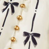 Bow print v-neck ruffle puff sleeve babydoll dress: Beige / L