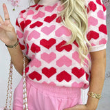 Pink Heart Print Short Sleeve Knit Sweater Valentine Top: Sachet Pink / 52%Viscose+26%Polyester+22%Polyamide / S