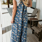 Vintage Rose Print Pleated Denim Overall Jumpsuit (S-XL)