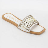 CHRISSY ROUND STUD EMBELLISHED SQUARE TOE SLIP ON SANDAL: White