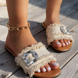 Frayed Wide Band Rhinestone Buckle Detail Slippers