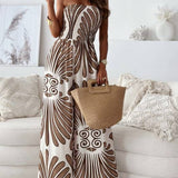 Fashionable Print Bandeau Waist-Cinching Jumpsuit: Khaki / S