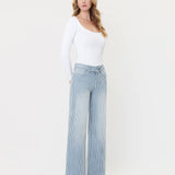 HIGH RISE WAIST TIE STRIPED WIDE LEG JEANS V3838STR: STRIPE / 25