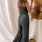 Straps Smocked Bodice Wide Leg Floral Jumpsuit: Black / L