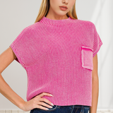 .....1214 Washed Mock Neck Short Sleeve Cropped Sweater SI-26359: BLACK-168751 / L/XL