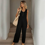 Spring Summer Casual Loose Strap Jumpsuit for Women: Black / 95% Polyester+5% Spandex / XL