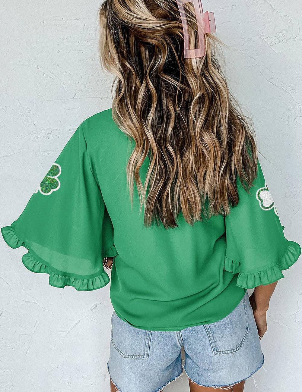Green Sequin Clover Graphic Ruffled Trim Bell Sleeve St Patrick Blouse: Green / 100%Polyester / S