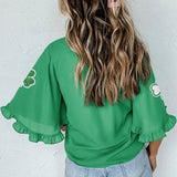 Green Sequin Clover Graphic Ruffled Trim Bell Sleeve St Patrick Blouse: Green / 100%Polyester / L