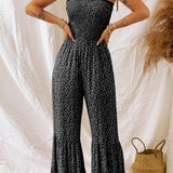 Straps Smocked Bodice Wide Leg Floral Jumpsuit: Black / S