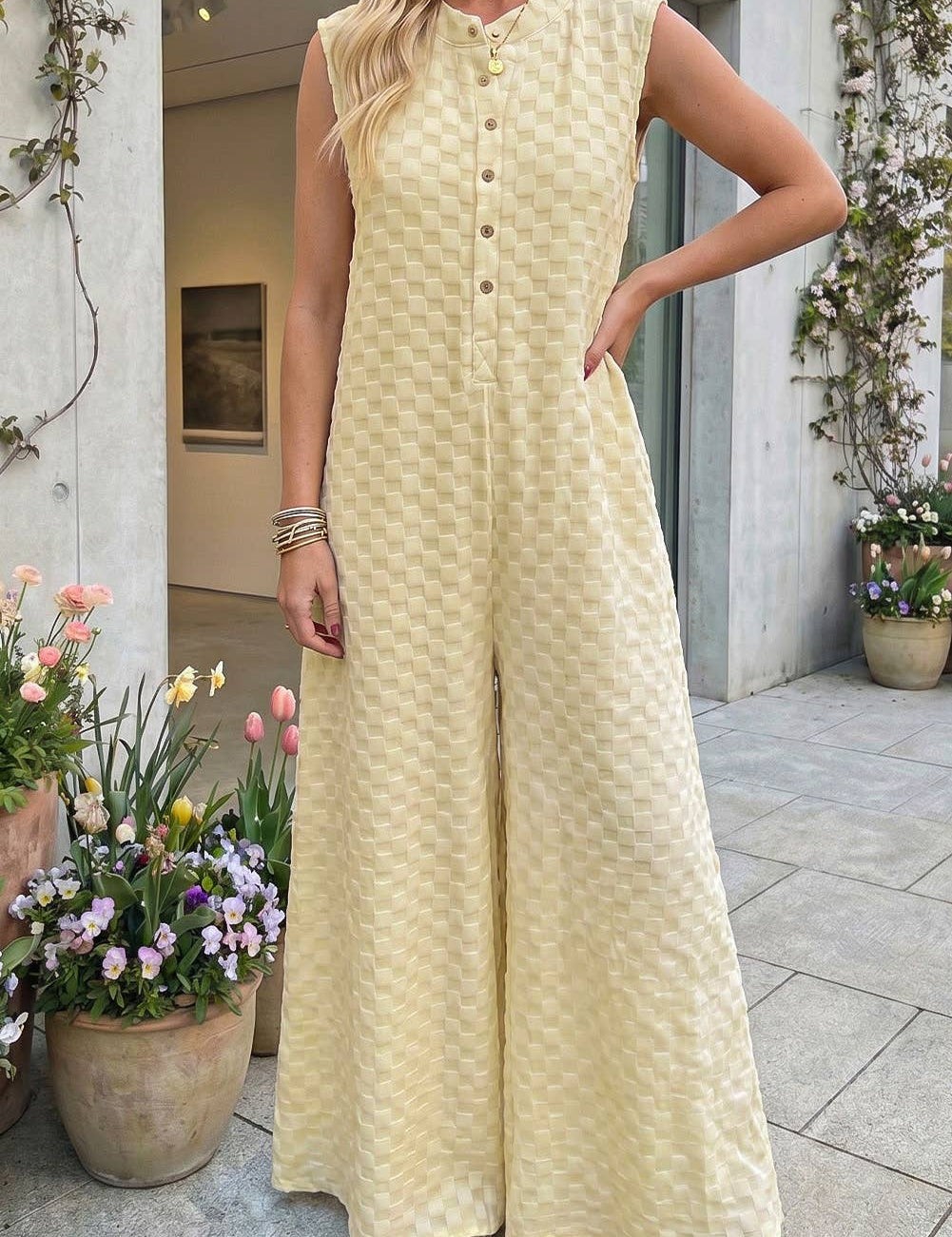 Half Buttons Sleeveless Wide Leg Textured Jumpsuit