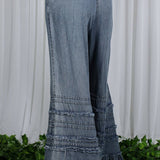 Flared Ruffle Hem Washed Chambray Crop Denim Pants VP83039: Washed Denim / L