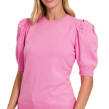 ,,..SI-25003 Viscose Puff Short Sleeve Sweater: H BEIGE-170996 / L