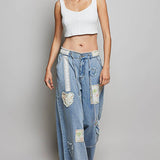 Waist Elastic Band Heart Floral Print Patch Wide Denim Pants: DENIM / L