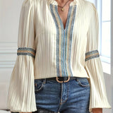 Balloon Sleeve Lace Panel V-Neck Shirt: OffWhite / XL