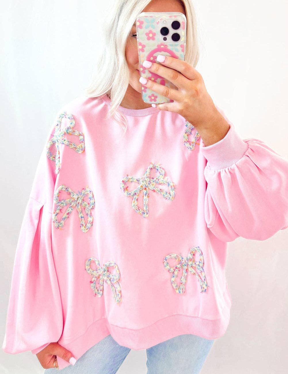 Embroidered Bow Lantern Sleeve Oversized Pullover Sweatshirt: Light Pink / 65%Polyester+35%Cotton / S