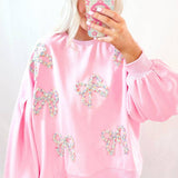 Embroidered Bow Lantern Sleeve Oversized Pullover Sweatshirt: Light Pink / 65%Polyester+35%Cotton / M