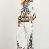 Floral Border Satin Pants: Mustard-Navy / S