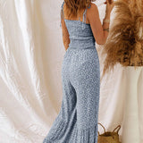 Straps Smocked Bodice Wide Leg Floral Jumpsuit: Black / L