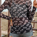 Fashion-W Game Day Rugby Mesh Sheer Long Sleeve Top: Brown / Missy / S