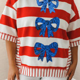 Stripe Sequin Bow Patriotic Half Sleeve Top S
