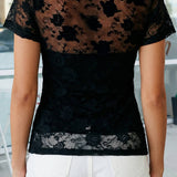 Floral Lace Mesh Short Sleeve Sheer Top (S-XL): Black / Missy / L