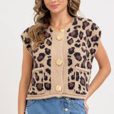 LEOPARD PRINT KNIT BUTTON-UP SWEATER TOP: TAUPE / Contemporary / M