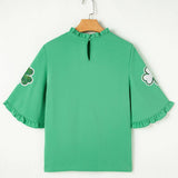 Green Sequin Clover Graphic Ruffled Trim Bell Sleeve St Patrick Blouse: Green / 100%Polyester / M