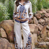 Floral Border Satin Pants: Mustard-Navy / S