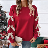 Crew Neck Pullover Top 3D Bowknot Trim Loose Sweatshirts: Pink / 100%polyester / XL