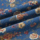 Vintage Rose Print Pleated Denim Overall Jumpsuit (S-XL)