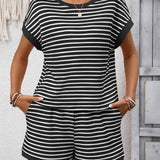 Striped Short-Sleeve And Shorts Fashion Two-Piece Set