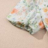 Beige Floral Print Shirred High Waist Puff Sleeve Mini Dress: Beige S