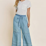 Plus Washed Denim Tiered Wide Leg Pants: Washed Chambray